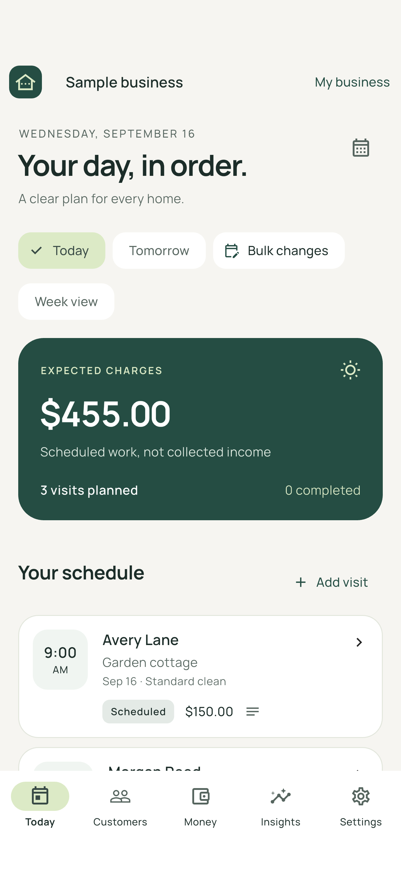 Independent Cleaner’s Today screen showing a daily schedule and expected charges, with fictional sample records.